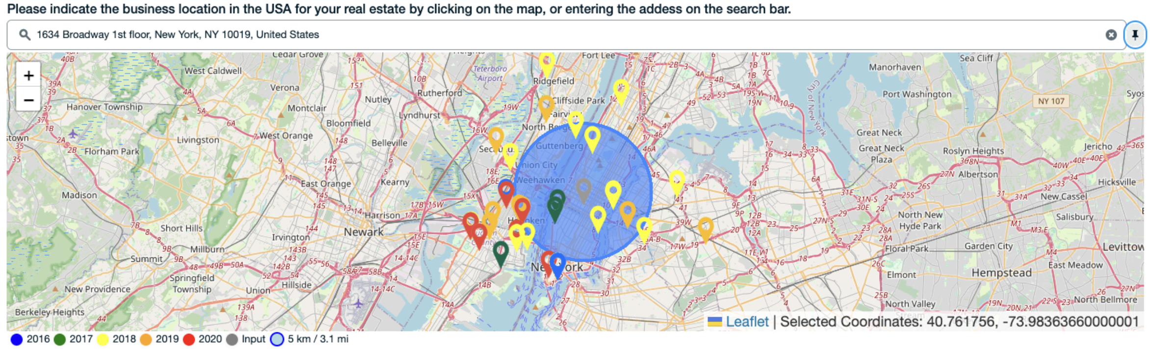 Map view of New York where the LLM has placed pins showing where floods have occurred